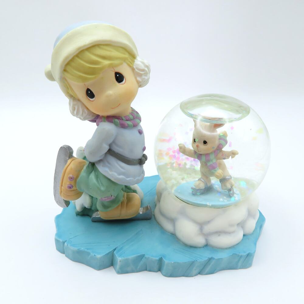 Precious Moments 589829 Boy Ice Skating Bunny Snow Globe 1999 Enesco